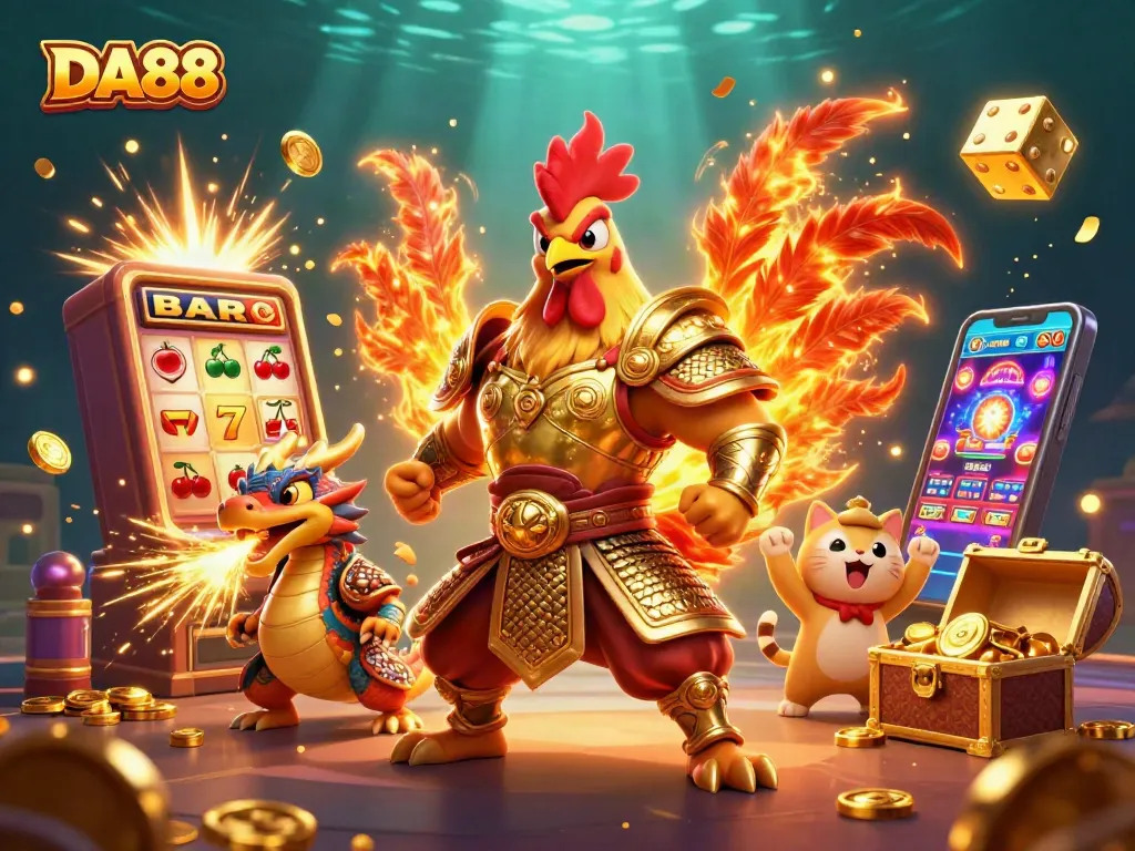 Spin the reels at DA88, featuring a vibrant 3D casino scene with adventurers and jackpots.