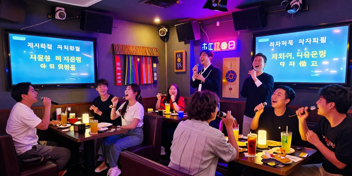 Enjoying 제주도유흥 at a lively karaoke bar in Jeju Island, friends singing and laughing under colorful neon lights