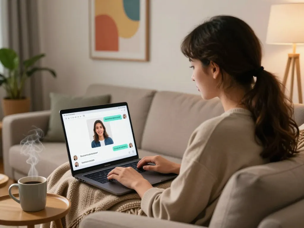 Engaging with an NSFW AI chat on a cozy sofa with a laptop and coffee.
