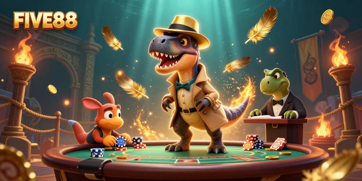 FIVE88 showcases a velociraptor card counter and stegosaurus pit boss in a vibrant casino scene.