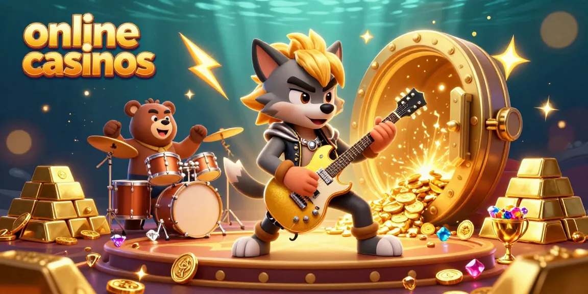 Engaging 3D cartoon illustration showcasing online casinos with rock star wolf and dynamic drummer bear amidst sparkling treasure.