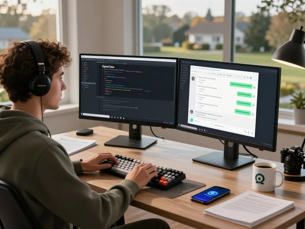 Developer coding OpenClaw personal AI on dual monitors in a modern home office.