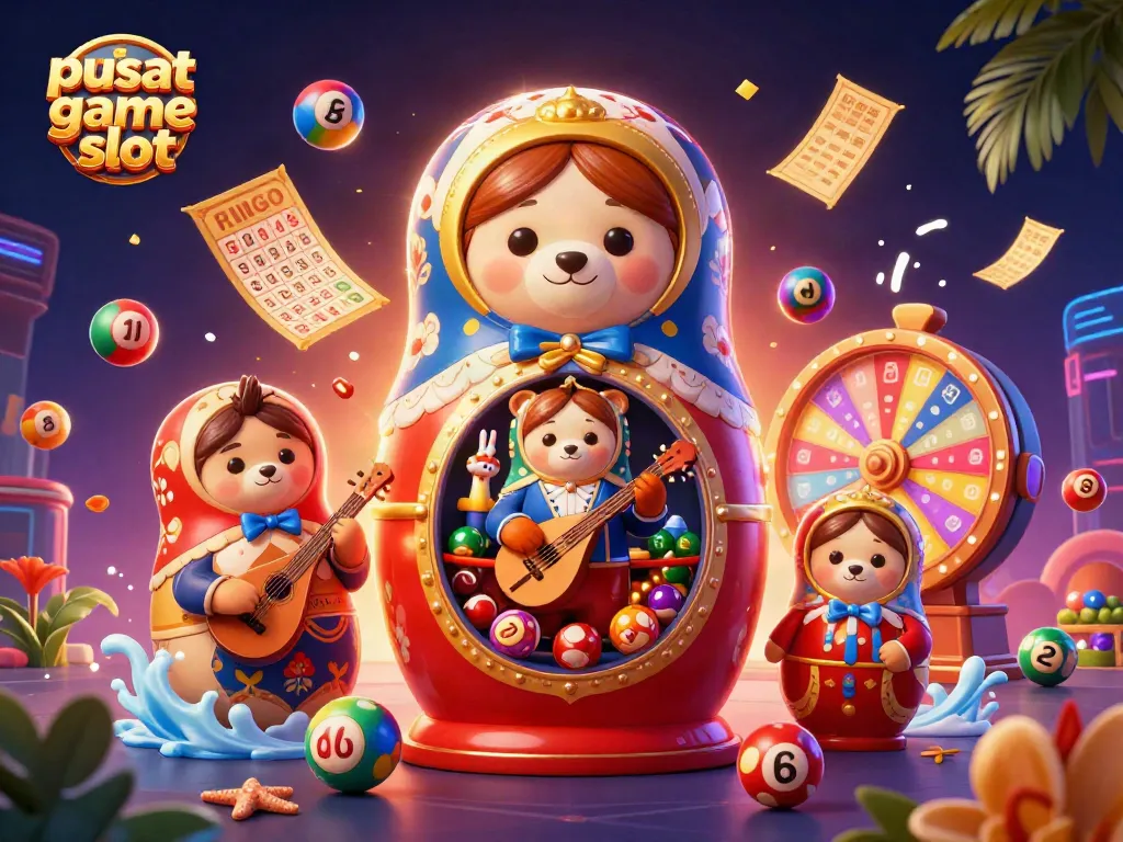 Pusat game slot features a 3D cartoon Matryoshka bear and vibrant lottery elements for engaging gameplay fun.