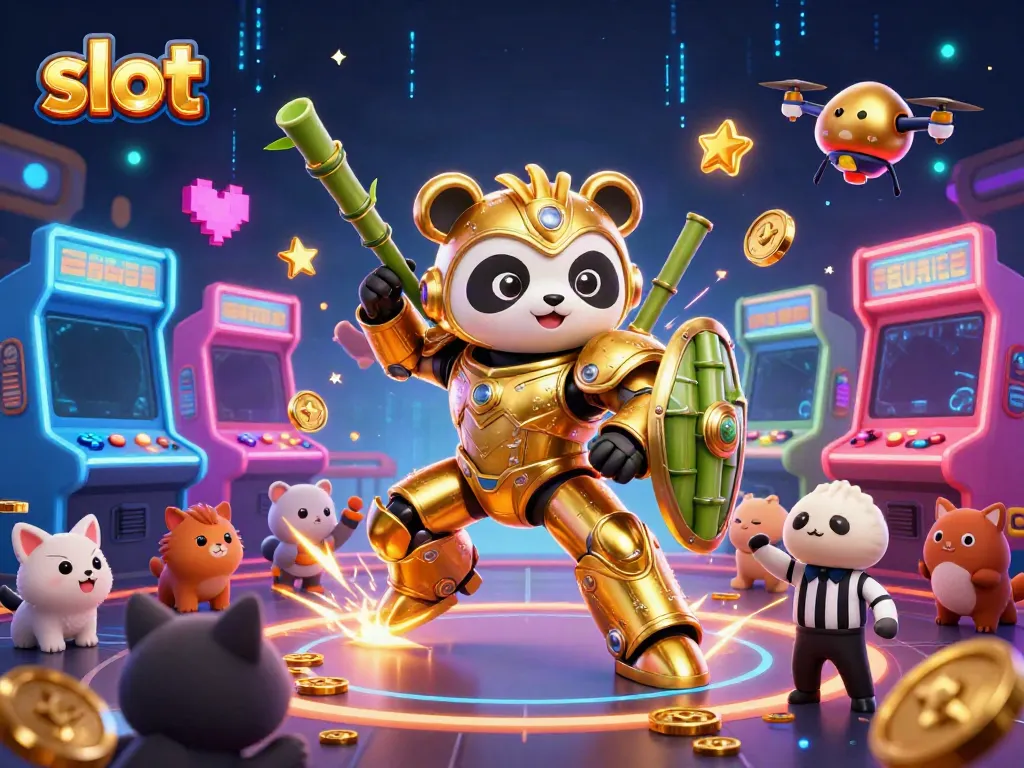Permainan slot yang penuh warna dengan panda emas dalam robot bertarung di arena hiburan.