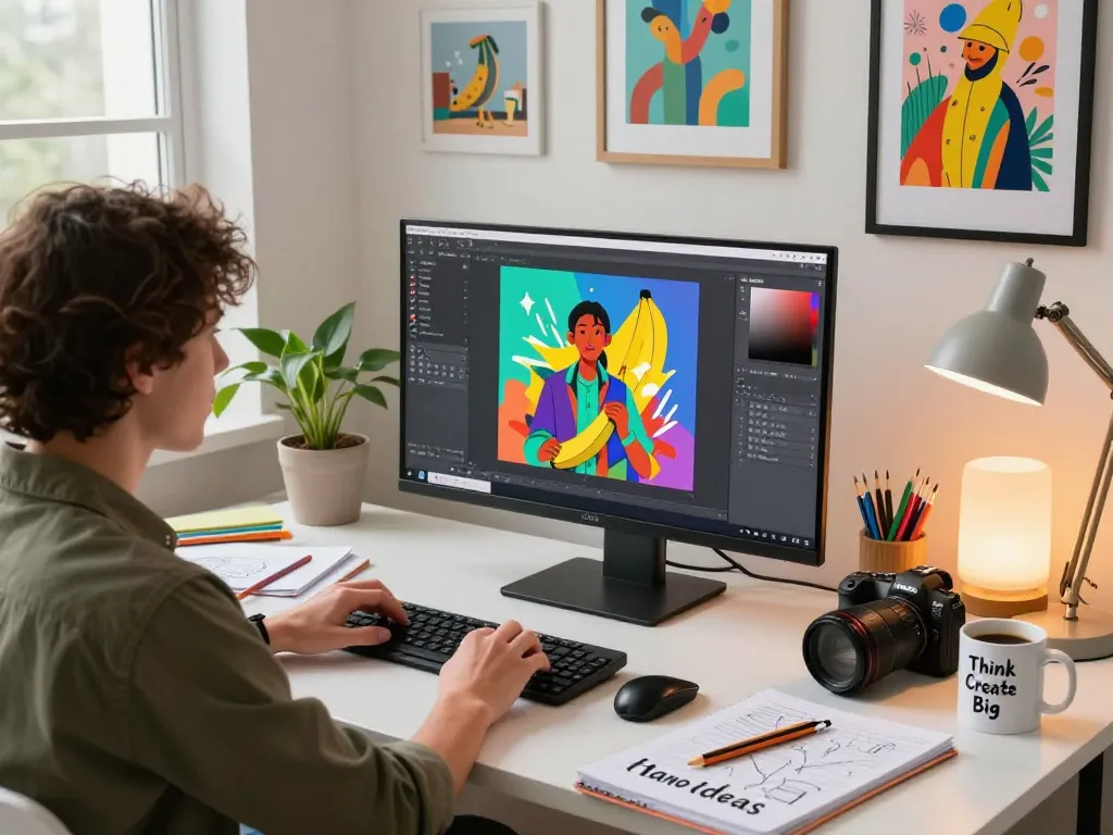 Creative workspace featuring a digital artist using the Nano Banana AI image editor to craft vibrant visuals, capturing innovation and artistry.