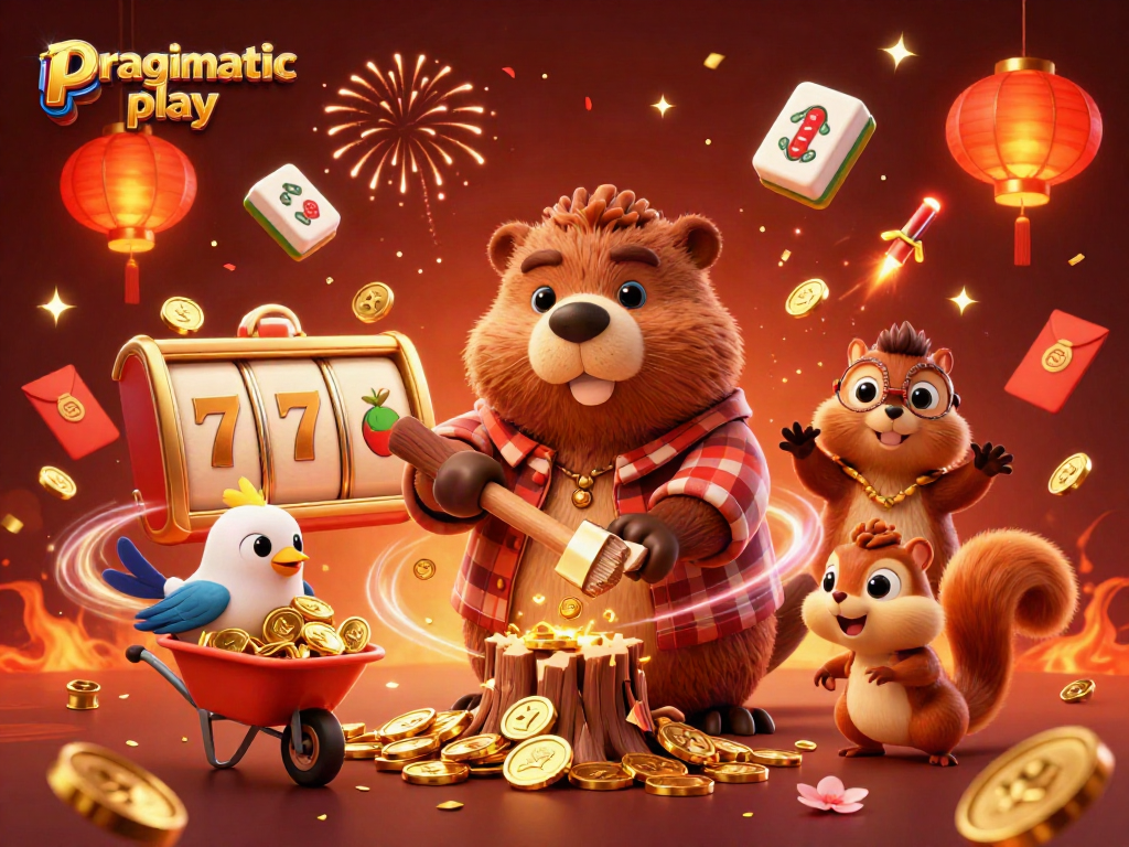Karakter utama pragmatic play dalam suasana permainan slot yang penuh koin emas dan kebahagiaan.