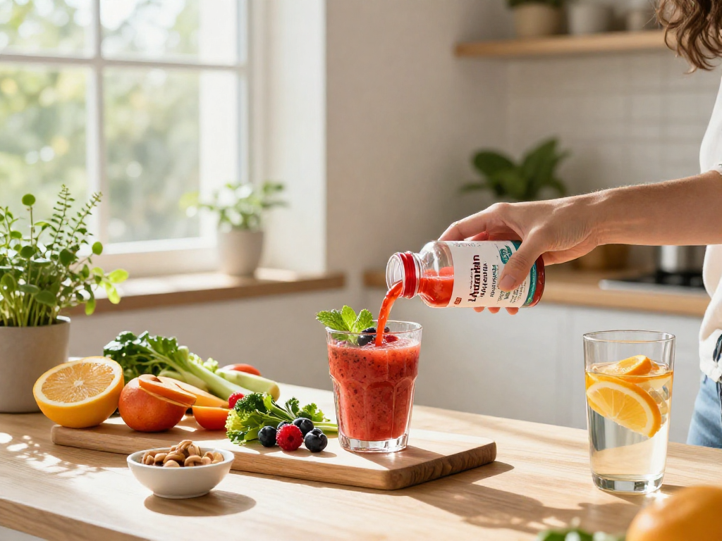 Discover astaxanthin supplement Canada in a healthy lifestyle setting with vibrant smoothie ingredients and fresh produce.