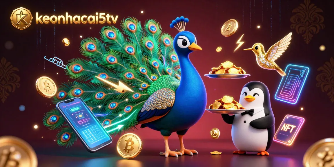 Experience dynamic gameplay with keonhacai5tv's vibrant scene of an aristocratic peacock, golden chips, and crypto elements.