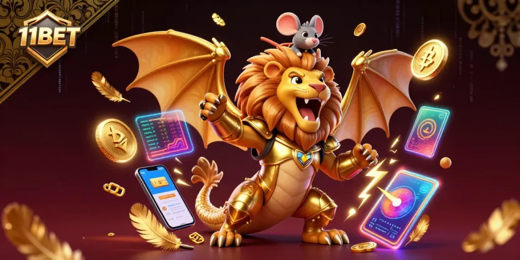 Experience the thrill of 11BET casino with rich 3D elements of cryptocurrency and a golden chimera.