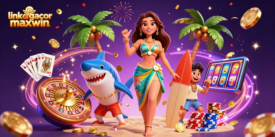 Rasakan kegembiraan dengan link slot gacor maxwin dalam ilustrasi kasino yang penuh warna ini yang menampilkan karakter menarik dan elemen dinamis.