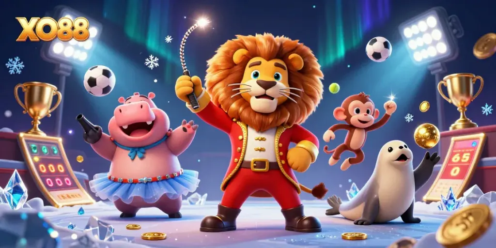 Experience exciting gaming adventures with XO88's captivating carnival-themed atmosphere and engaging characters.