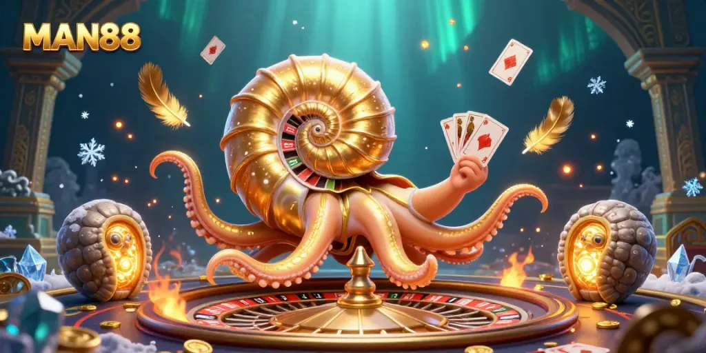 Engage in thrilling gameplay with MAN88's dynamic nautilus character holding casino cards in an underwater scene.