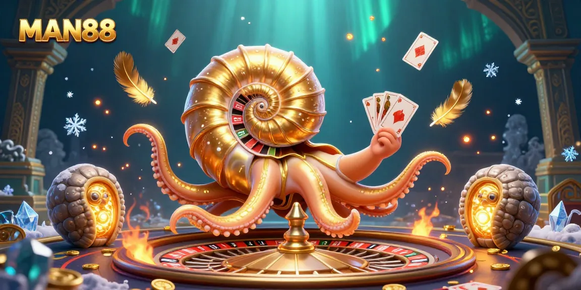Engage in thrilling gameplay with MAN88's dynamic nautilus character holding casino cards in an underwater scene.