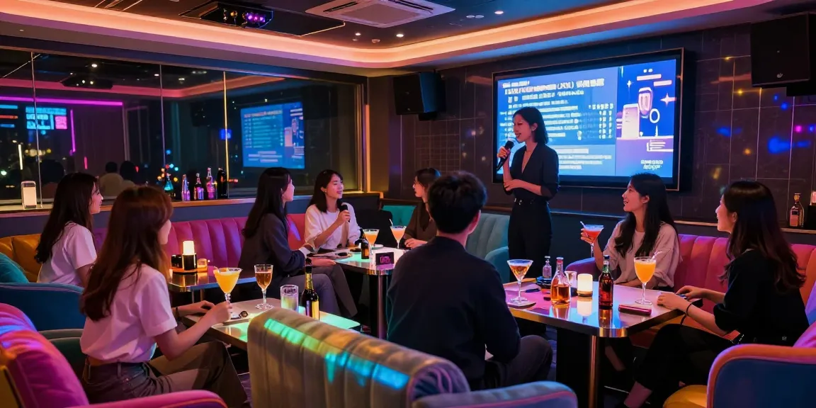 Karaoke enthusiasts reveling in a luxurious atmosphere at https://www.gangnamtune.com/, enjoying drinks and entertainment in Gangnam's vibrant nightlife.