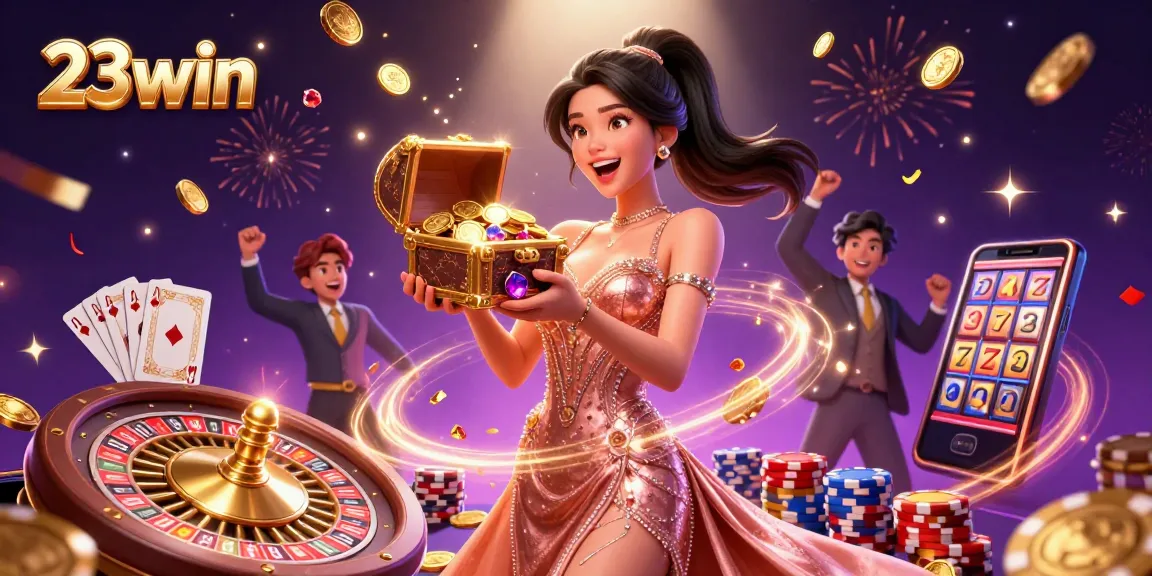 Experience the thrill of 23win with an exciting treasure chest overflowing with gems and coins.