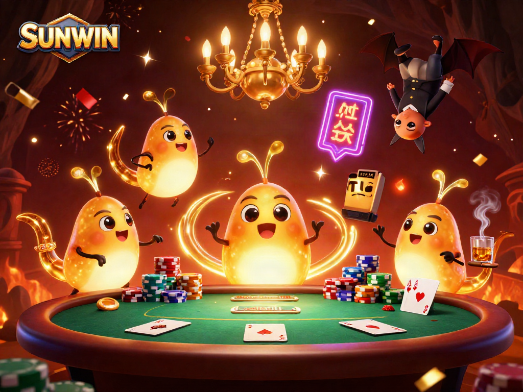 Experience thrilling poker action at SUNWIN with a vibrant 3D casino scene featuring glowworms and a bat dealer.