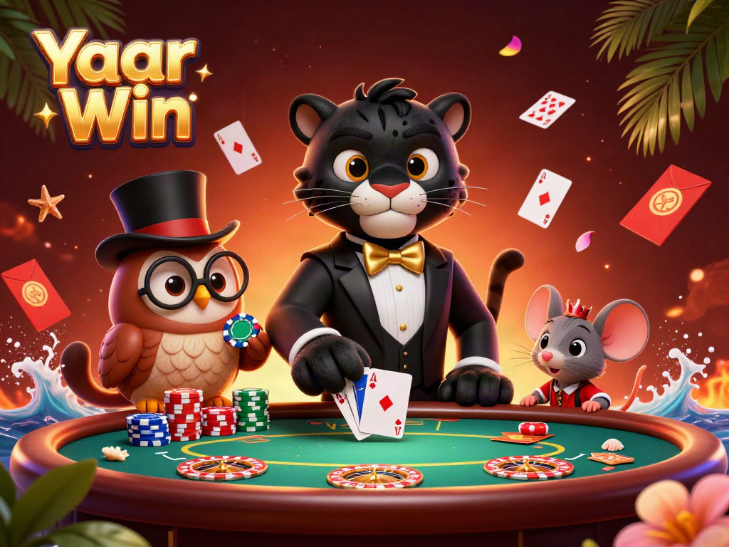 Play poker and win with Yaar Win in a vibrant casino setting featuring animated characters.