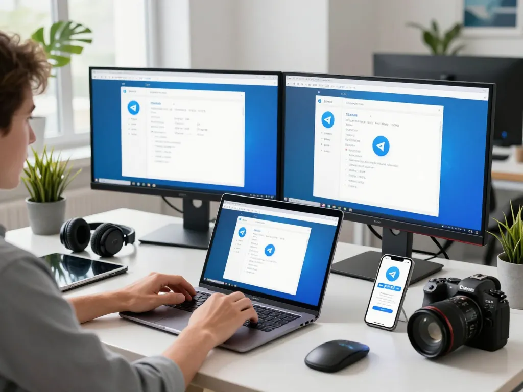 Setting up the Telegram 中文 application in a modern tech workspace with dual monitors.
