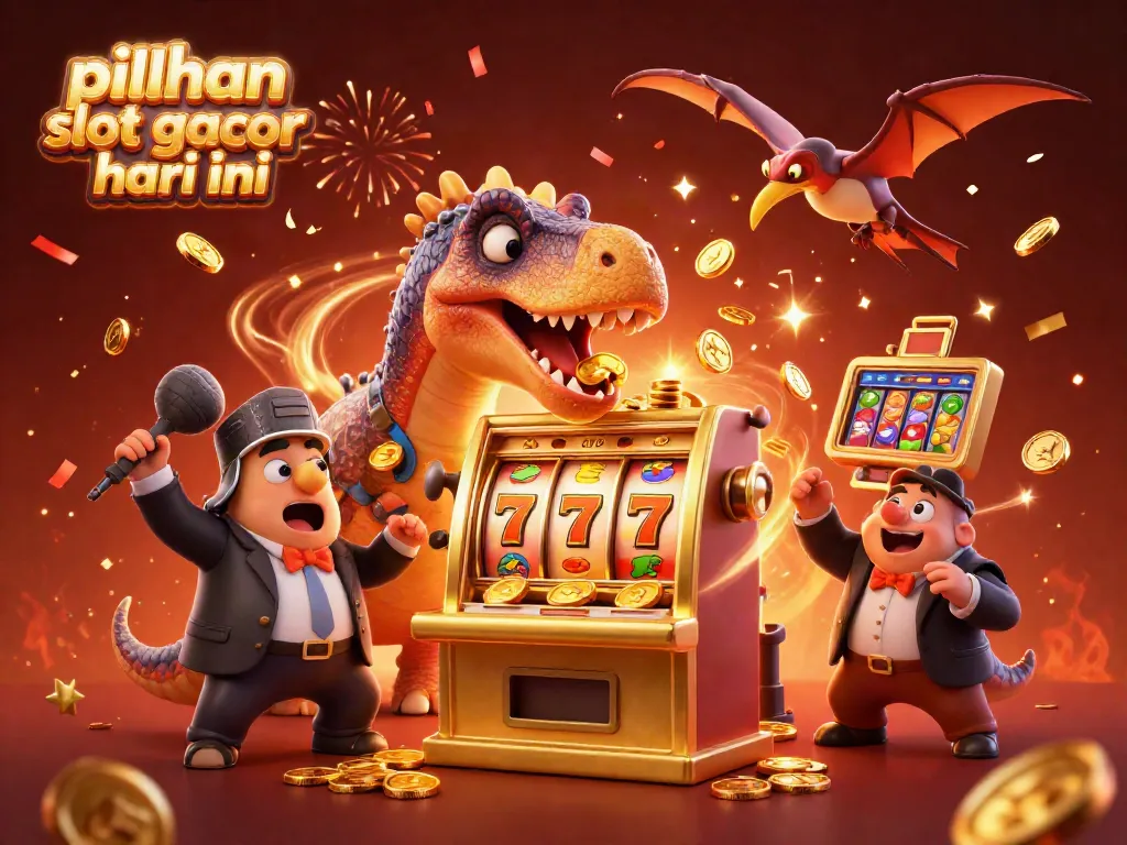 Slot gacor hari ini dengan karakter dino dan mesin slot menghasilkan koin emas.