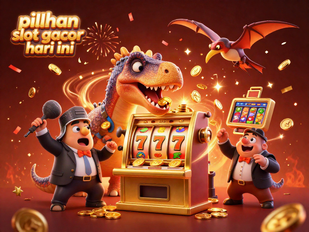 Slot gacor hari ini dengan karakter dino dan mesin slot menghasilkan koin emas.