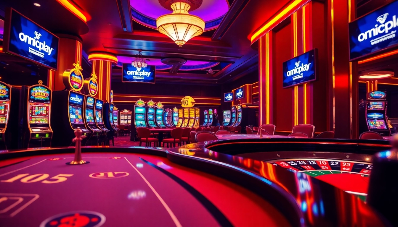 Experience the thrill of online gambling with onicplay at a vibrant casino scene featuring poker tables and slot machines.