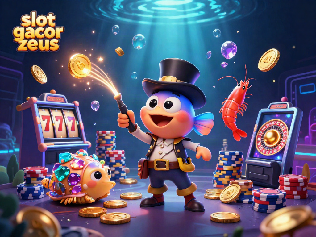 Spin and win with slot gacor zeus, featuring an anglerfish and treasure elements in a vibrant casino scene.