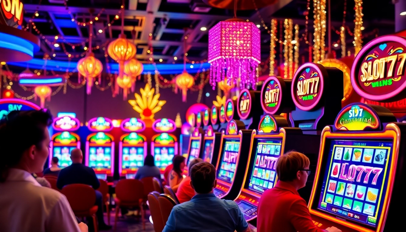 Slot77 machines creating excitement in a lively casino environment with bright lighting.