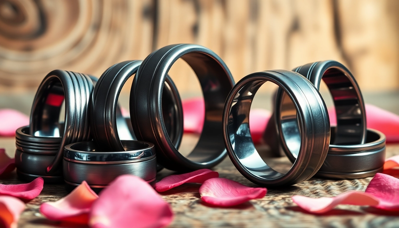 Showcase of Tungsten rings highlighting unique designs and finishes on a rustic background.