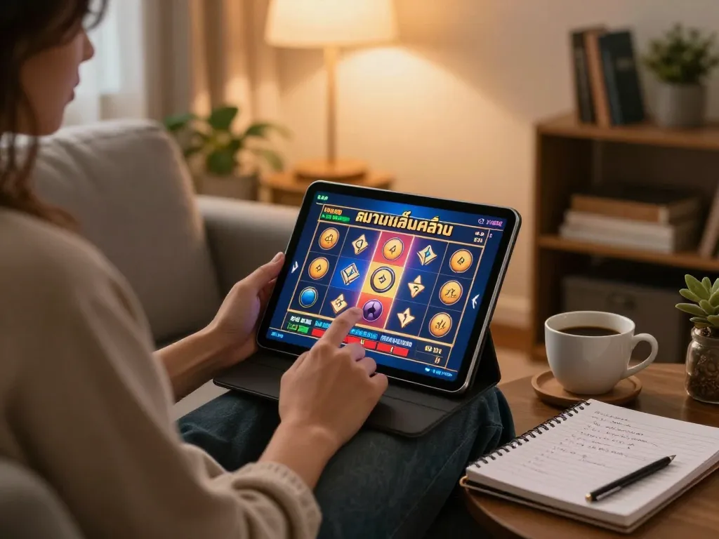 Engaging in ทดลองเล่นสล็อต on a tablet in a cozy home, highlighting casual online gaming experience.