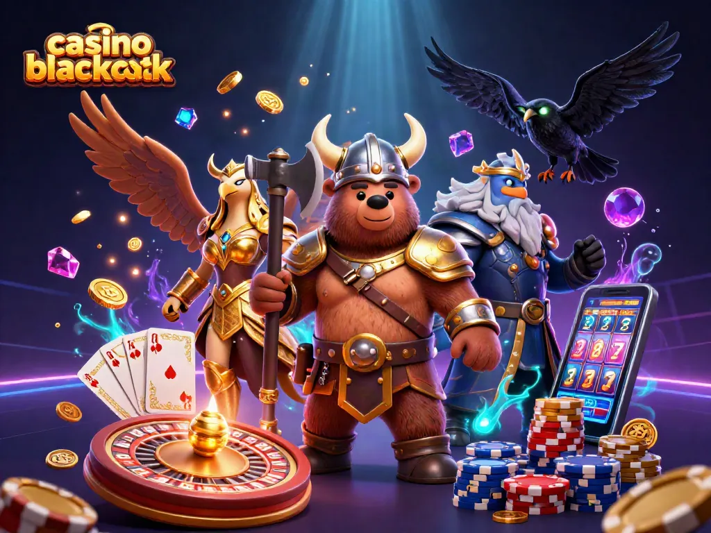 Jugando al casino blackjack con un oso vikingo y un águila valquiria en una escena vibrante.