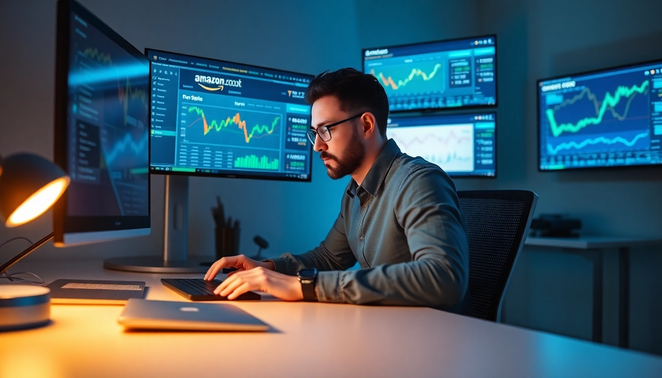 Web scrapping tools and financial charts on a developer's desk, analyzing Amazon prices.