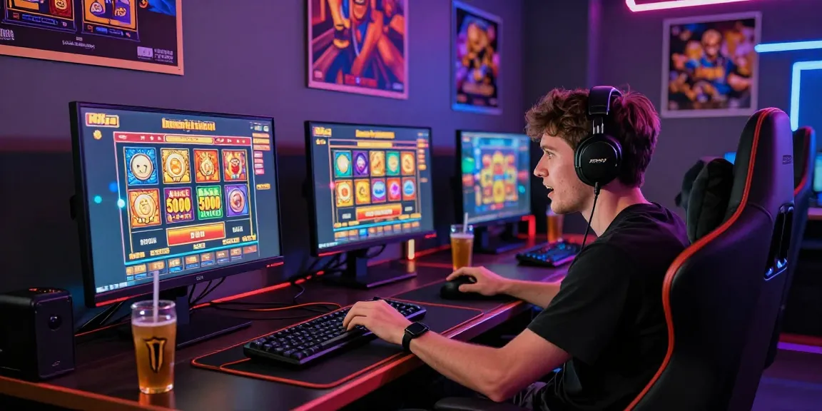 Exciting gaming scene showcasing a player engaging with slot deposit 5000 games on multiple screens, illuminated by colorful LED lights.