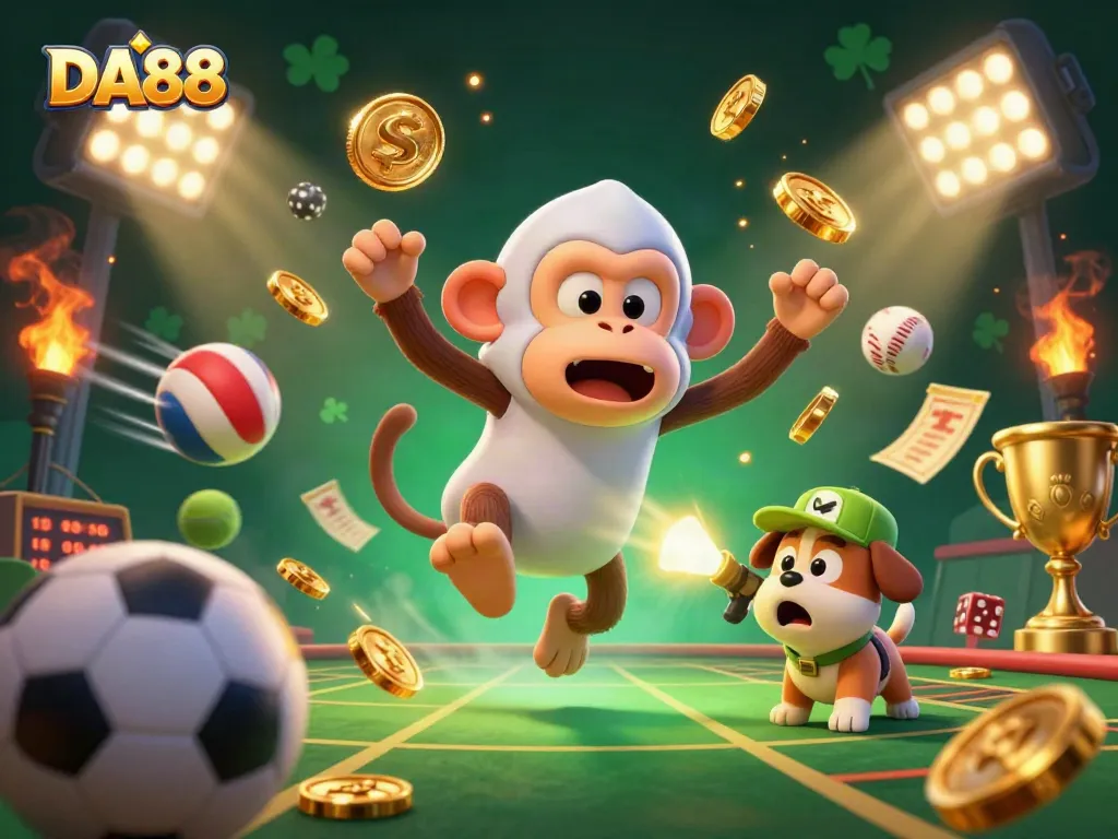 Experience thrilling casino action with the DA88 poltergeist monkey and ghost-hunter puppy in a dynamic scene.