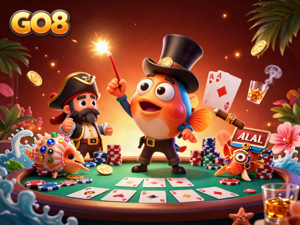 Engage with GO8's vibrant gambling world featuring deep-sea characters and poker elements.