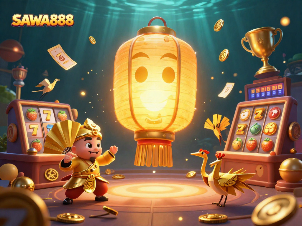Experience thrilling gameplay with SAWA888's giant golden lantern spirit and dynamic slot elements.
