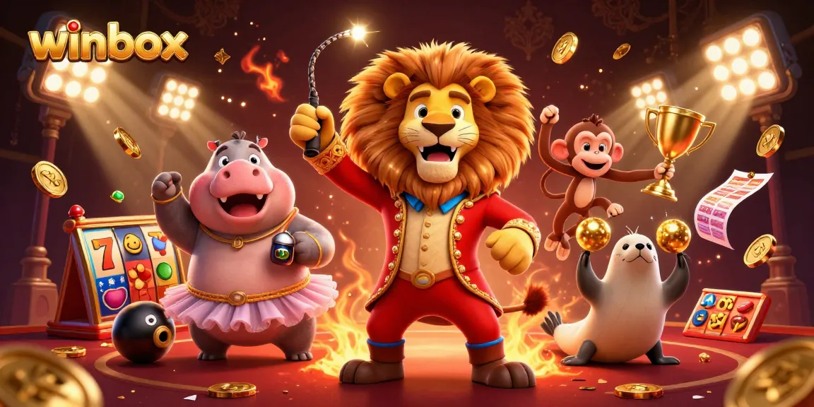 Experience thrilling slots and jackpots at Winbox with vibrant characters and casino elements in dynamic action.