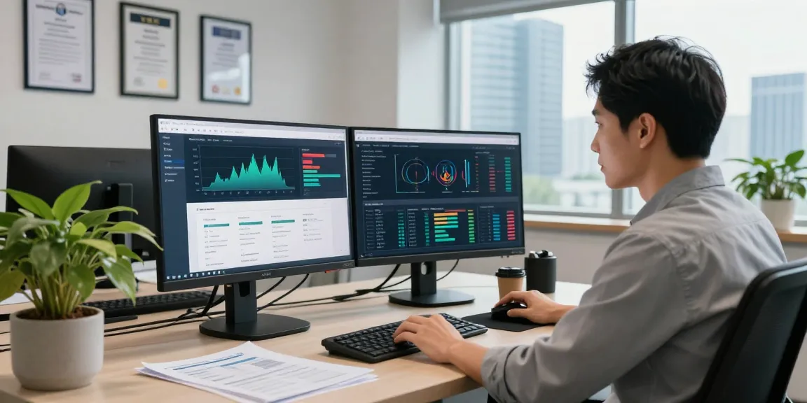 IT professional analyzing security protocols on shs-dome5.com in a modern tech office.