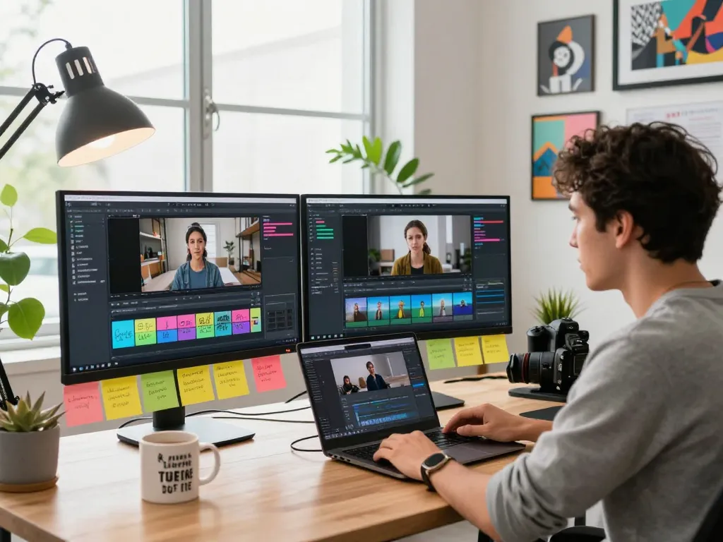 Seedance 2.0 workspace with dual monitors for video creation, showcasing innovative AI tools.