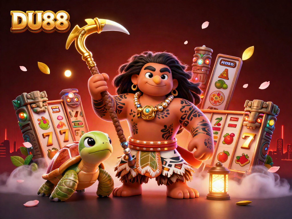 Experience thrilling action at DU88 with a colorful 3D casino illustration featuring vibrant slot elements.