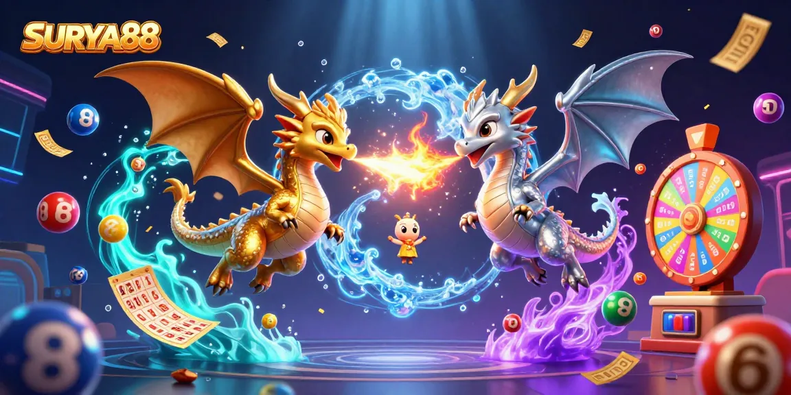 SURYA88's lively casino scene with enchanted dragons, colorful lottery elements, and winning odds showcased.