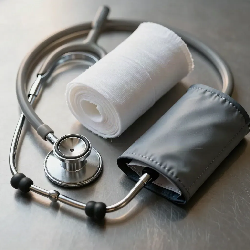 Stainless stethoscope, gauze rolls, and pulse oximeter cuff on brushed steel.