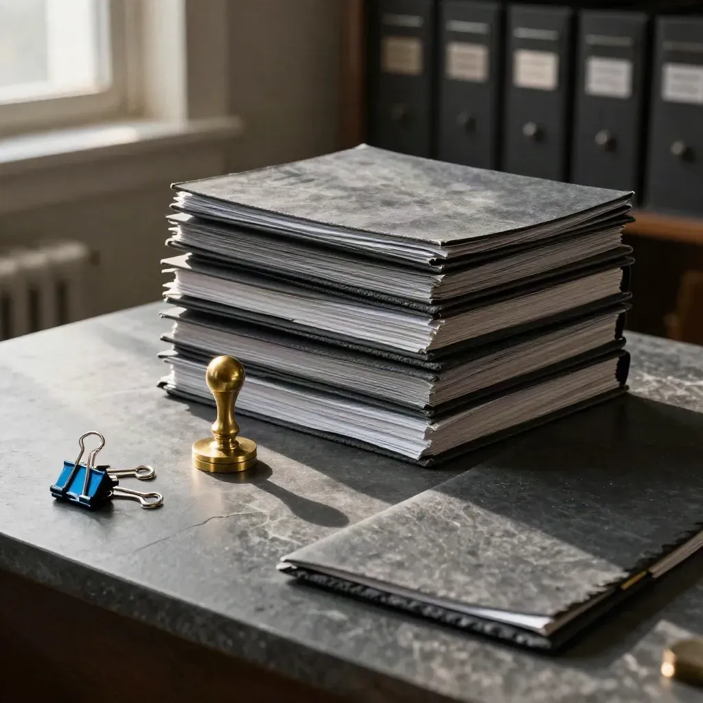 Law files, brass seal stamp and binder clips on matte stone in soft daylight