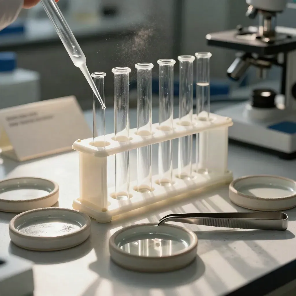 Lab pipettes, microtube rack, ceramic dishes, and tweezers on pale stone in dramatic light.
