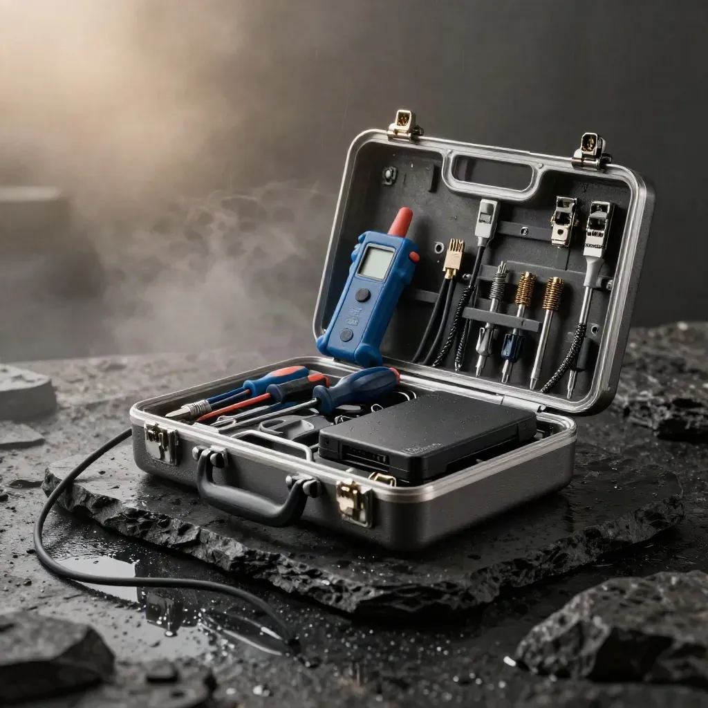 Open IT field-service kit with tools, cable tester, plugs and SSD dock on wet stone at dawn