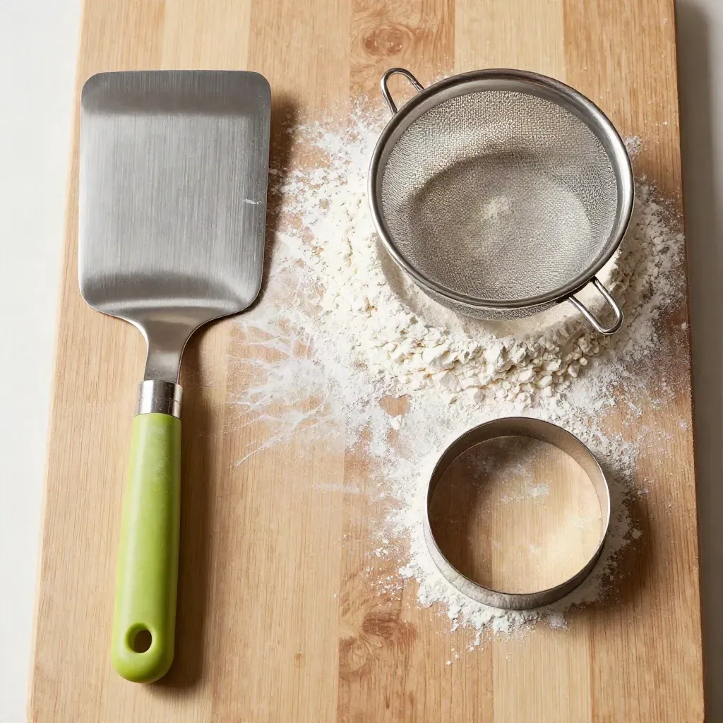 Top-down flatlay of a flour-dusted bench scraper, sieve and pastry ring on pale wood.