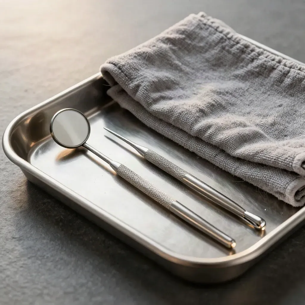 Top-down macro of sterilized dental tools on a stainless tray with grey cloth.