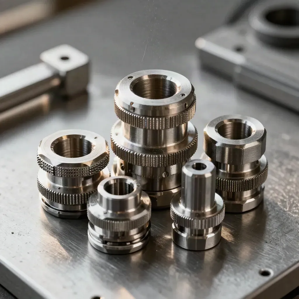 Machined coupling parts, hex keys, and gauge blocks on brushed metal under dramatic studio light