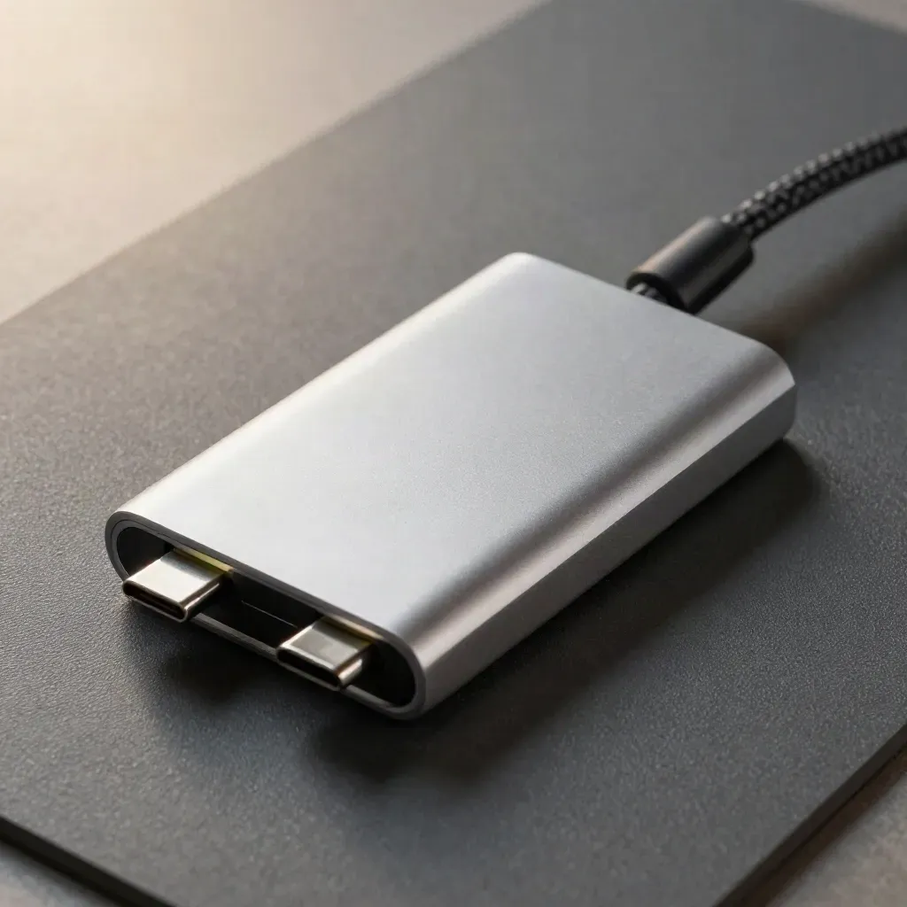 USB-C dock with adapter tips and braided cable on a graphite work mat, top-down macro