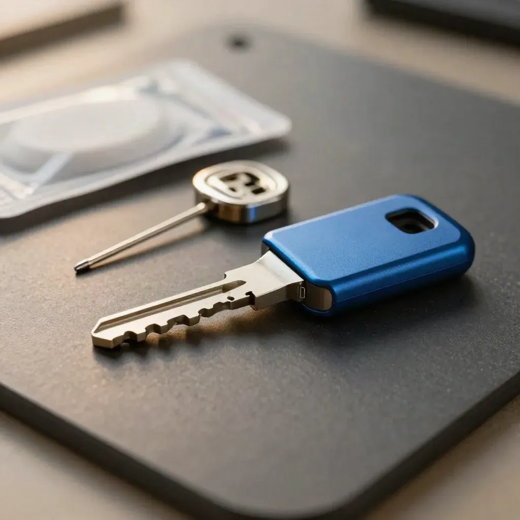Macro still life of a recovery key, reset pin tool, and USB drive on a graphite service mat.
