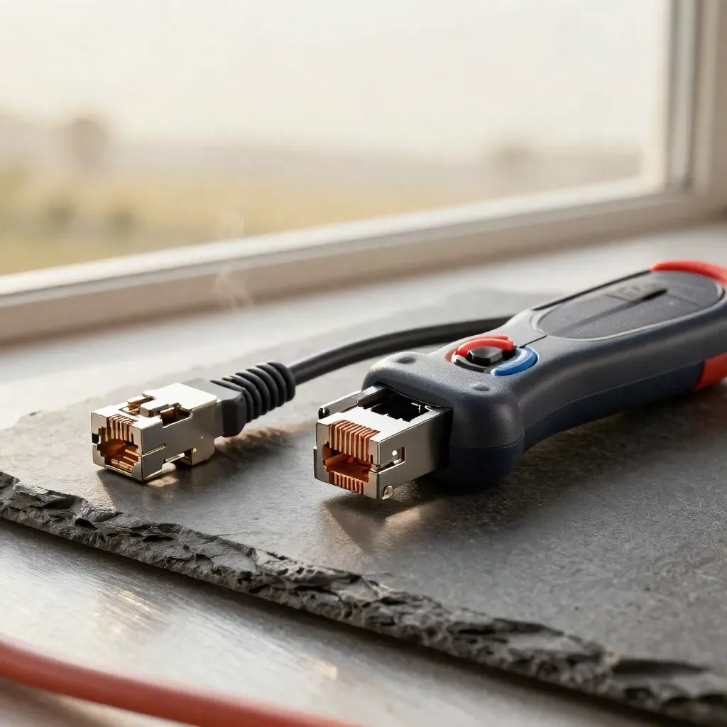 RJ45 cable tester beside a crimped plug and keystone jack on a graphite work surface